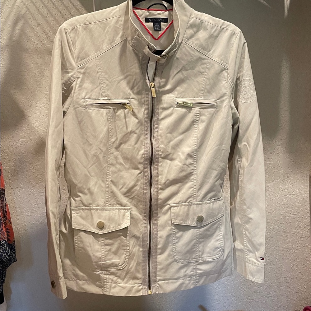 Tommy Hilfiger Womens Size Medium Zip Front‎ Rain Coat Jacket Cream Lightweight